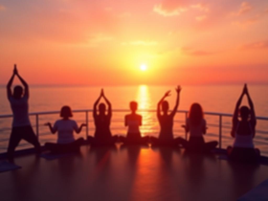 Yoga retreat on water with sunrise meditation session